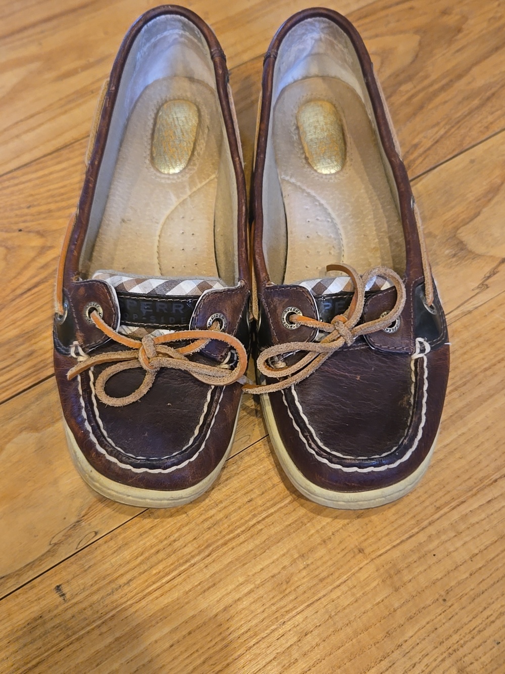 Sperry Women's Angelfish Brown Leather Boat Shoes with Plaid Accent Size 7M